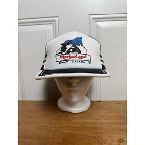 Marineland Hat Snapback Black Trucker Cap Vintage 1990s 3 Striped Mesh Back